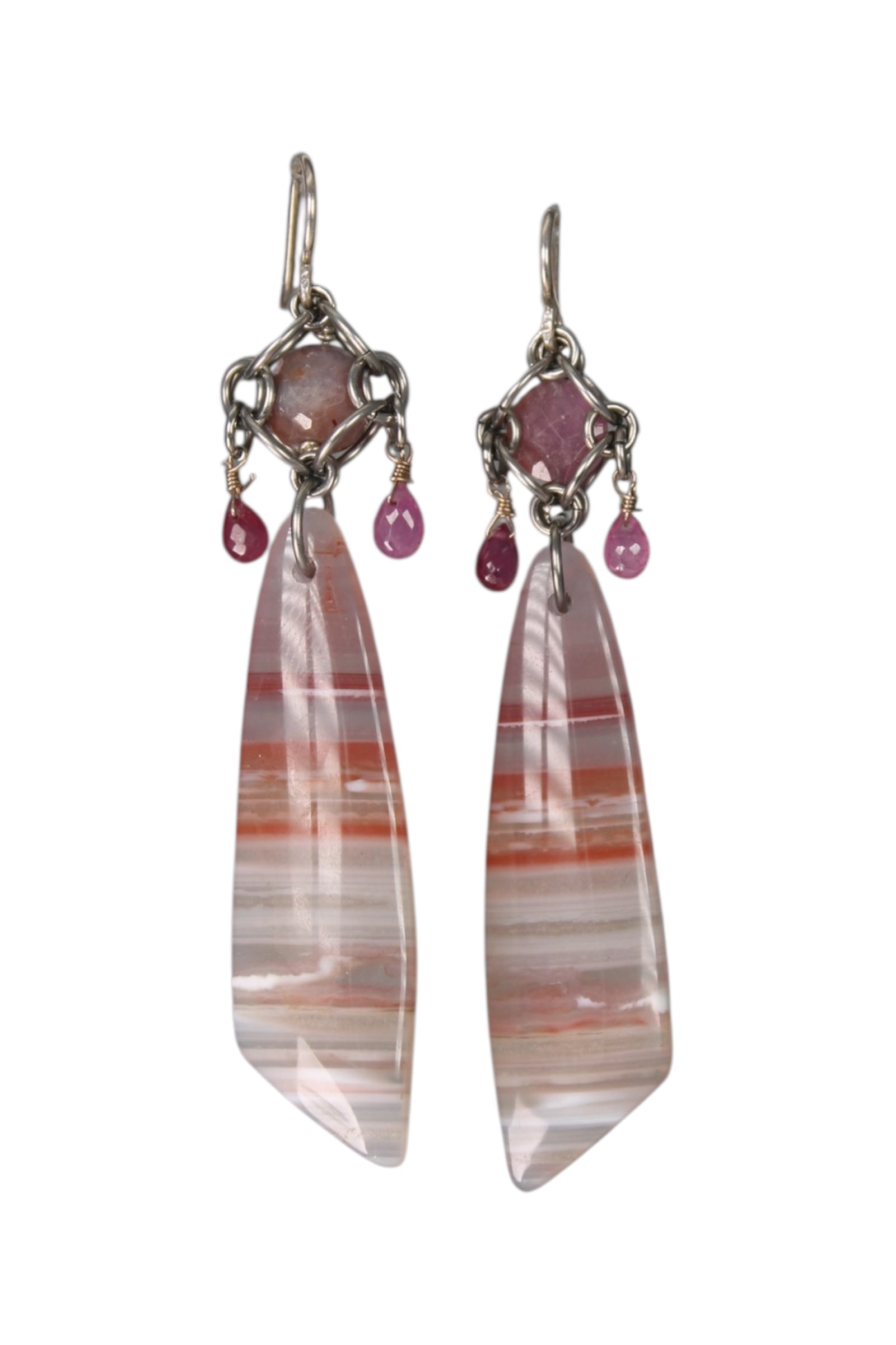 Banded Agate & Pink Sapphire Drop Earrings