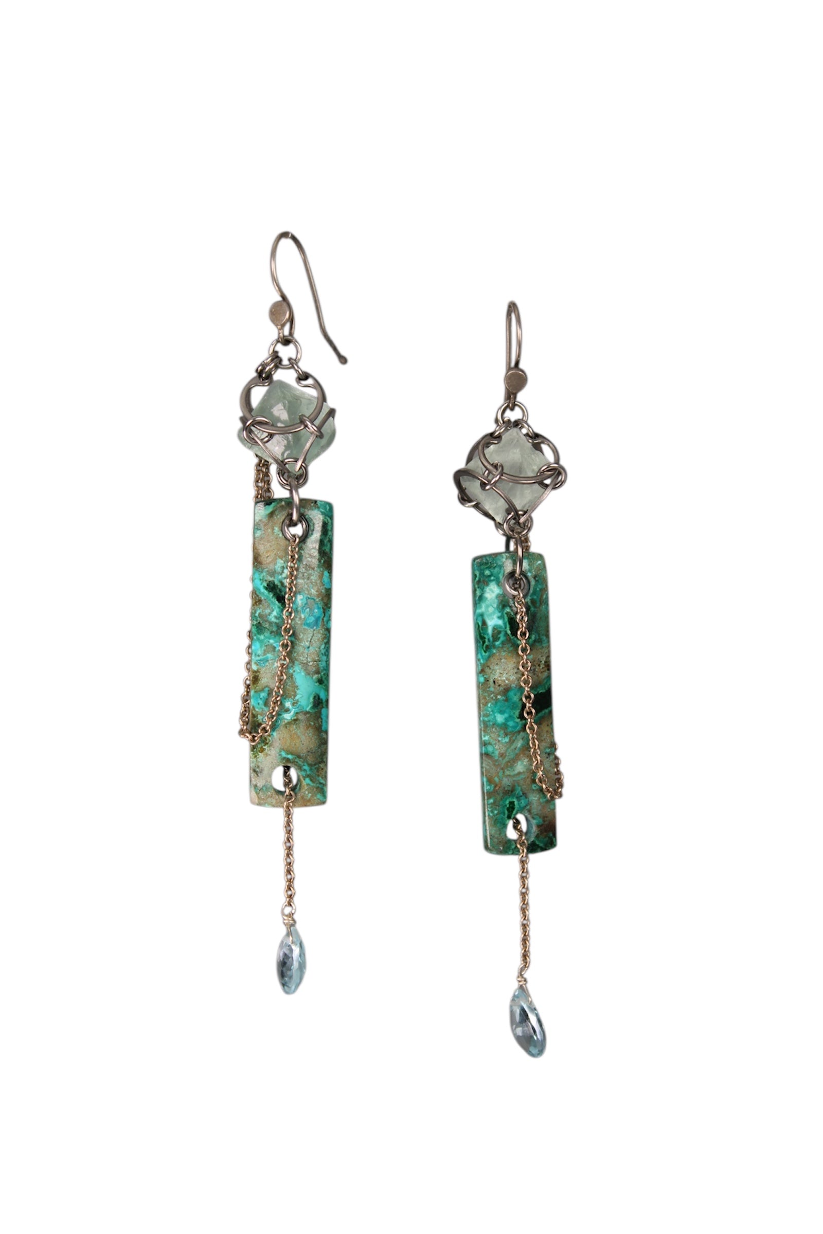 Rare Fluorite Points, Chrysoprase (Australian Jade) & Aquamarine Drop Earrings