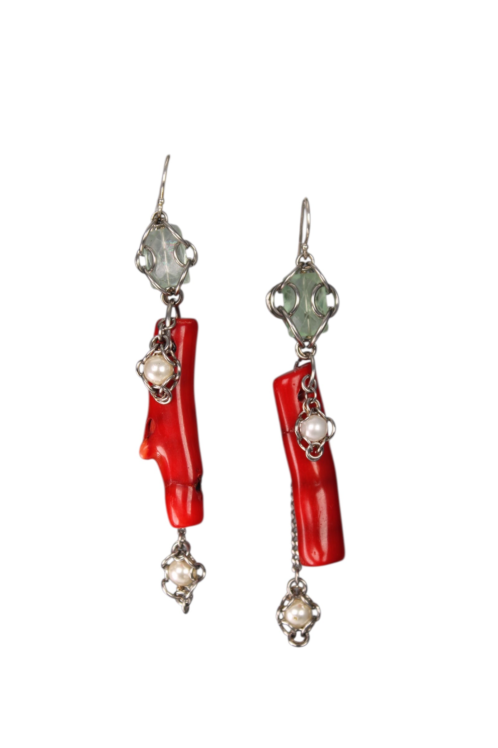 Fluorite, Vintage Red Coral Pearl Drop, Earrings