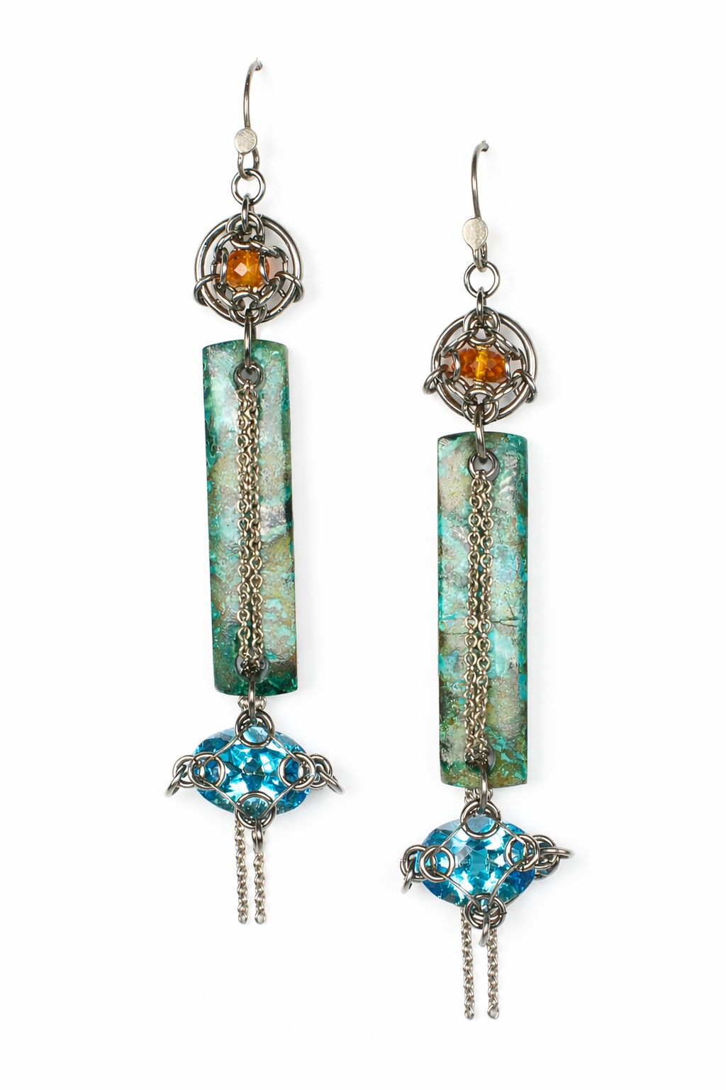 Chrysoprase Rectangle & Sky Blue Topaz Drop Earrings with Citrine Crown