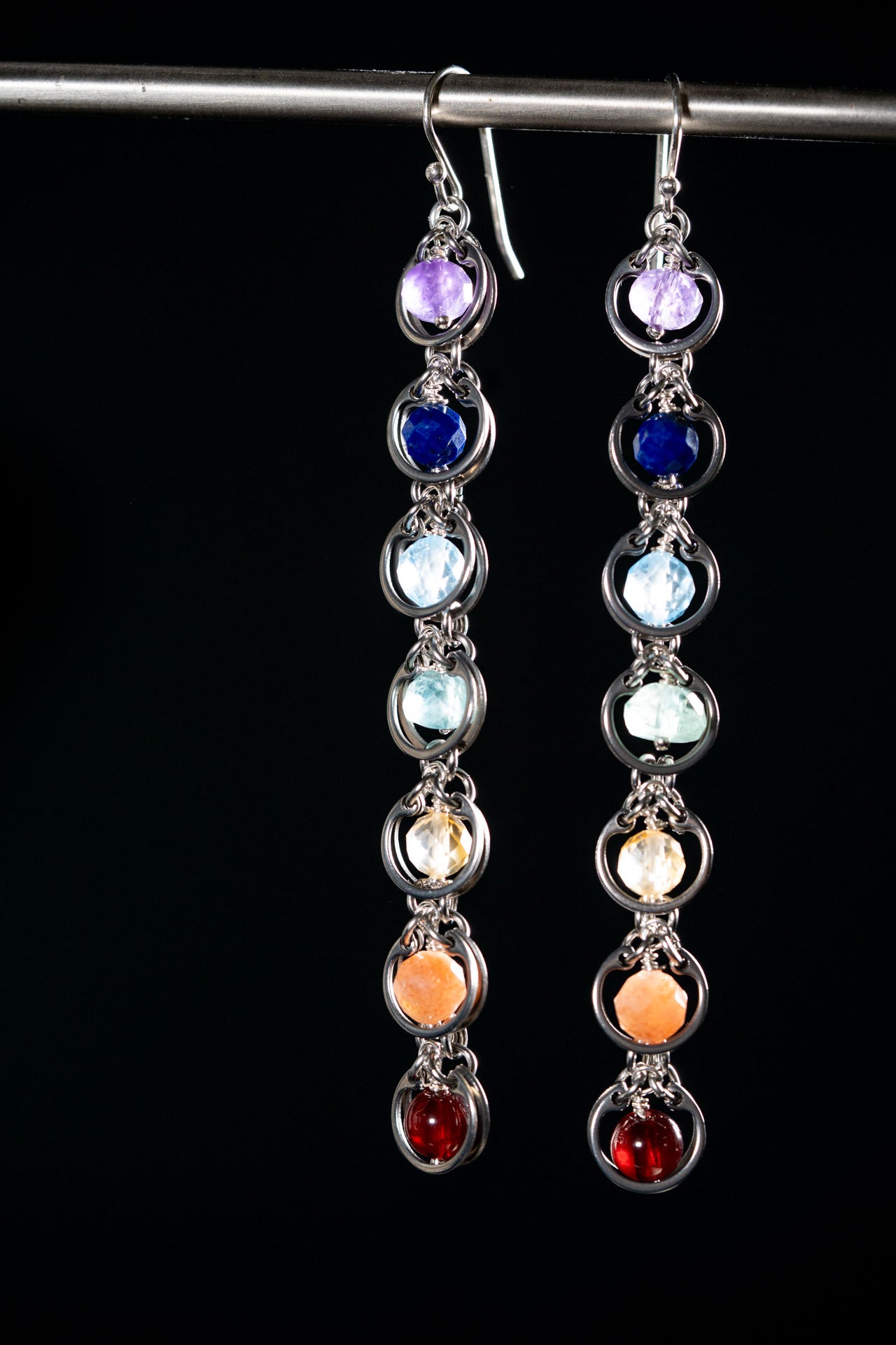 Linear Seven‑Stone Pride Chakra Earrings