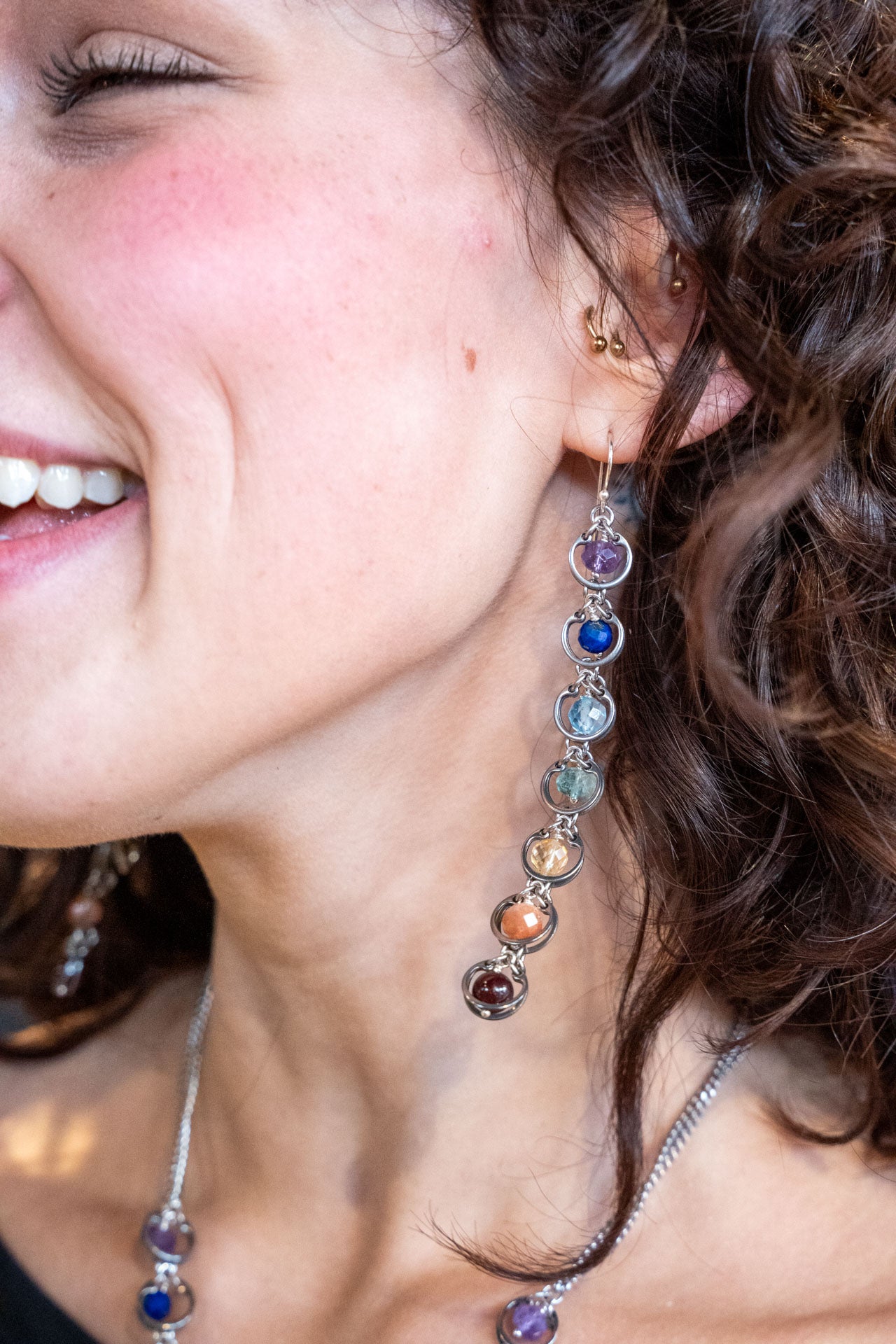 Linear Seven‑Stone Pride Chakra Earrings