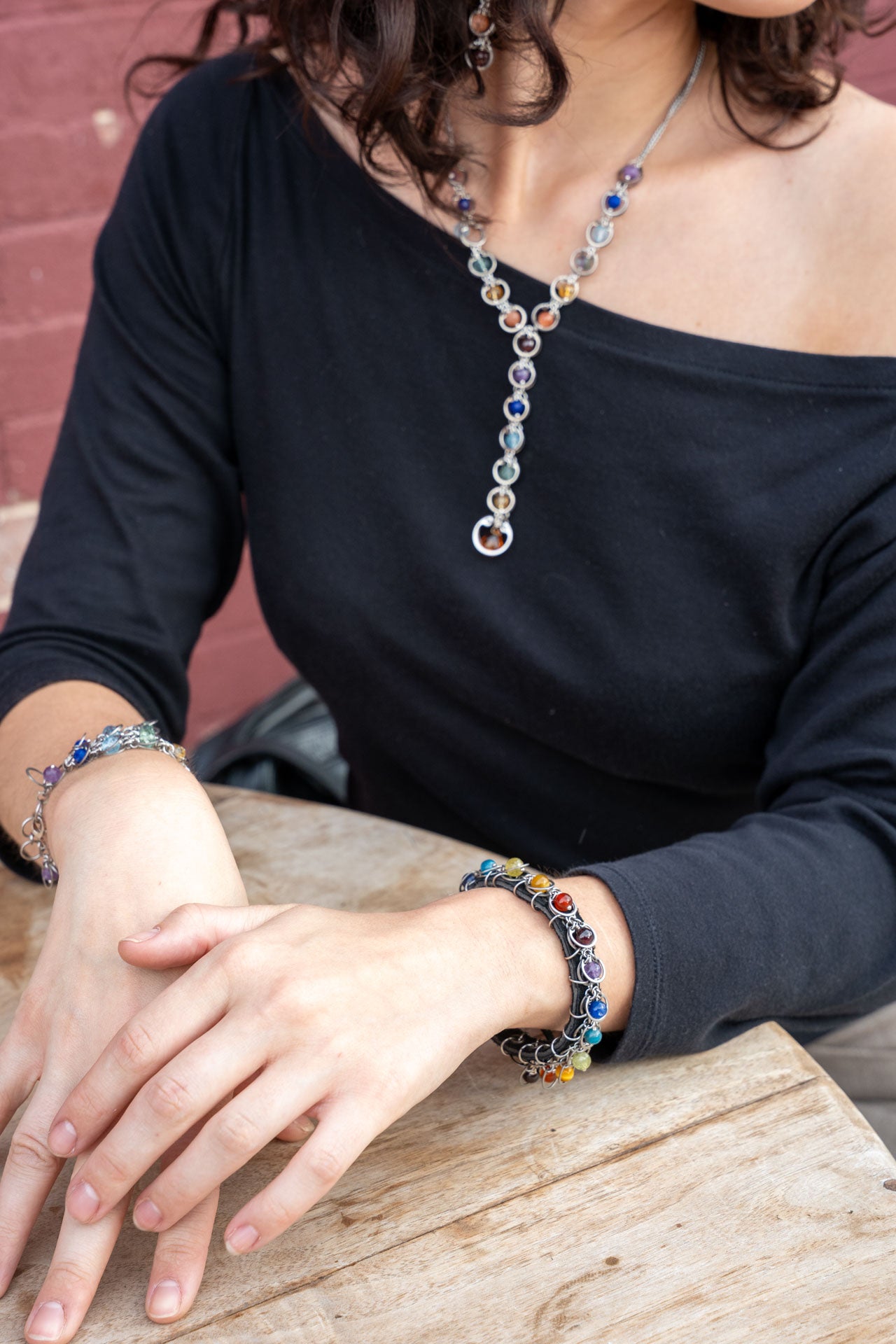 Fourteen‑Stone Chakra Pride Leather Bracelet