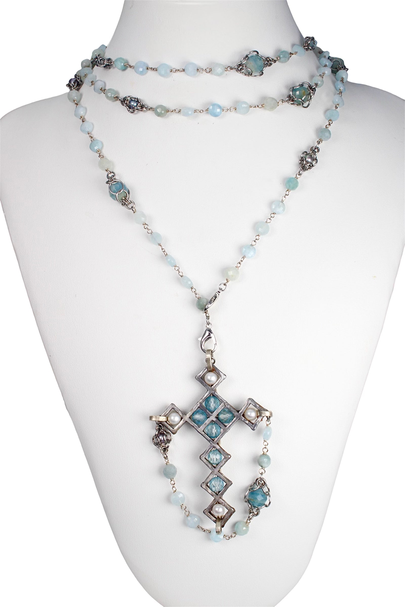 Aquamarine and Pearl Spanish Galleon Cross Necklace