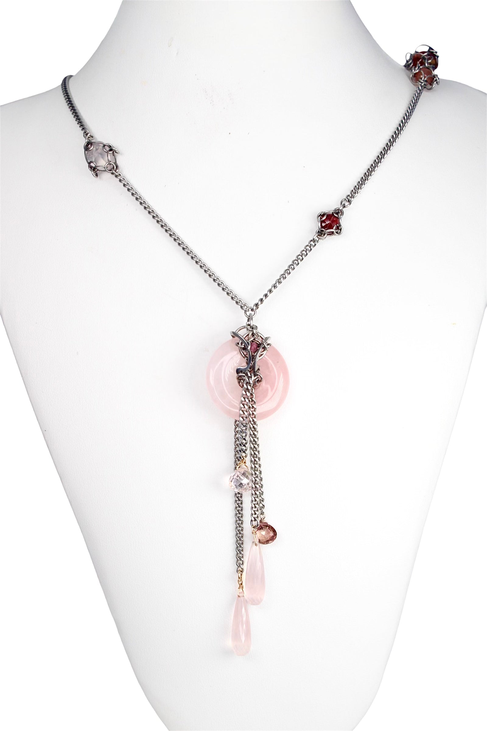 Rose Quartz Donut Necklace with Pink Tourmaline and Pink Sapphire Stations