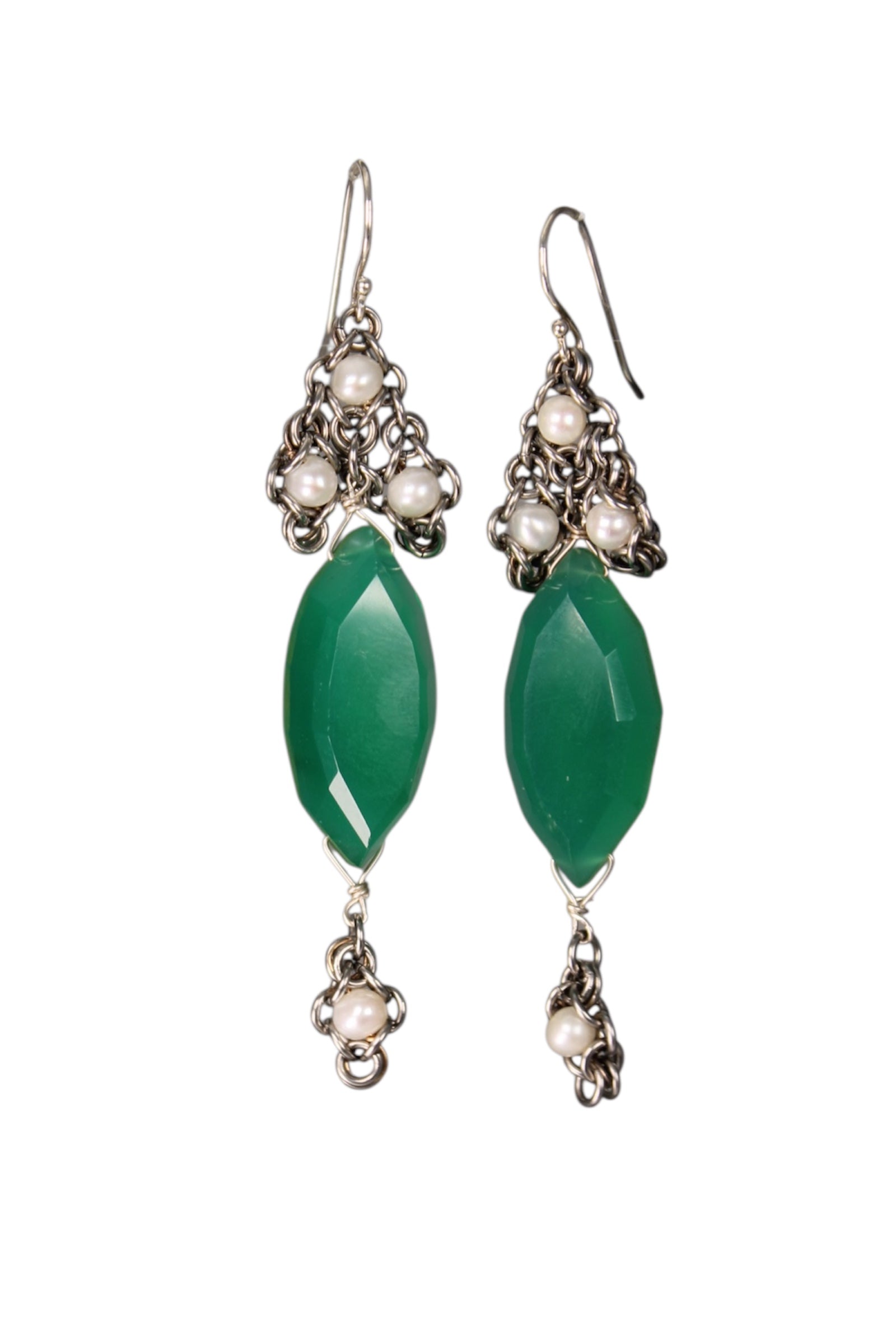 Green Chalcedony & Pearl Drop Earrings