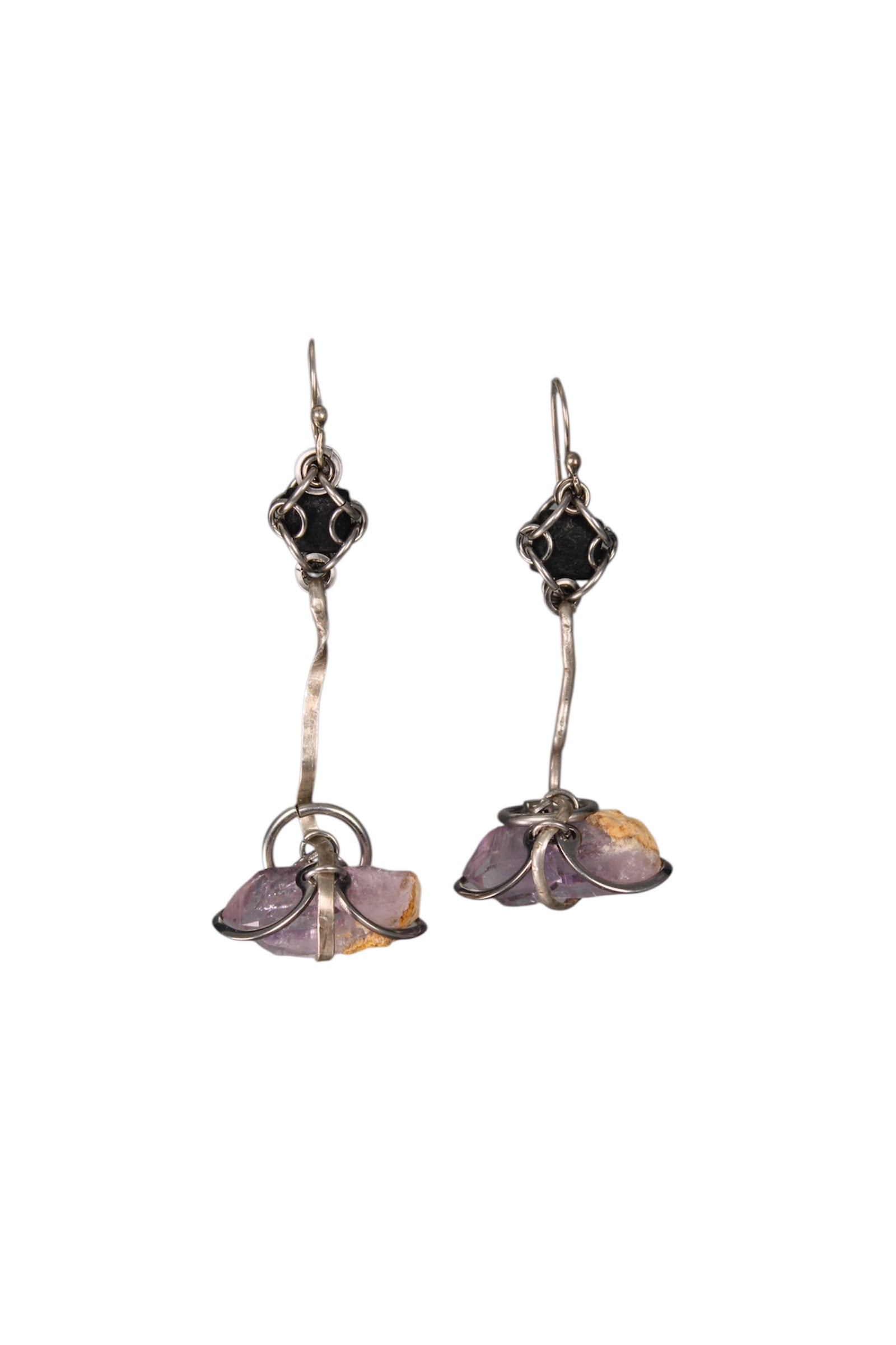 Black Lava & Raw Amethyst Asymmetrical Drop Earrings