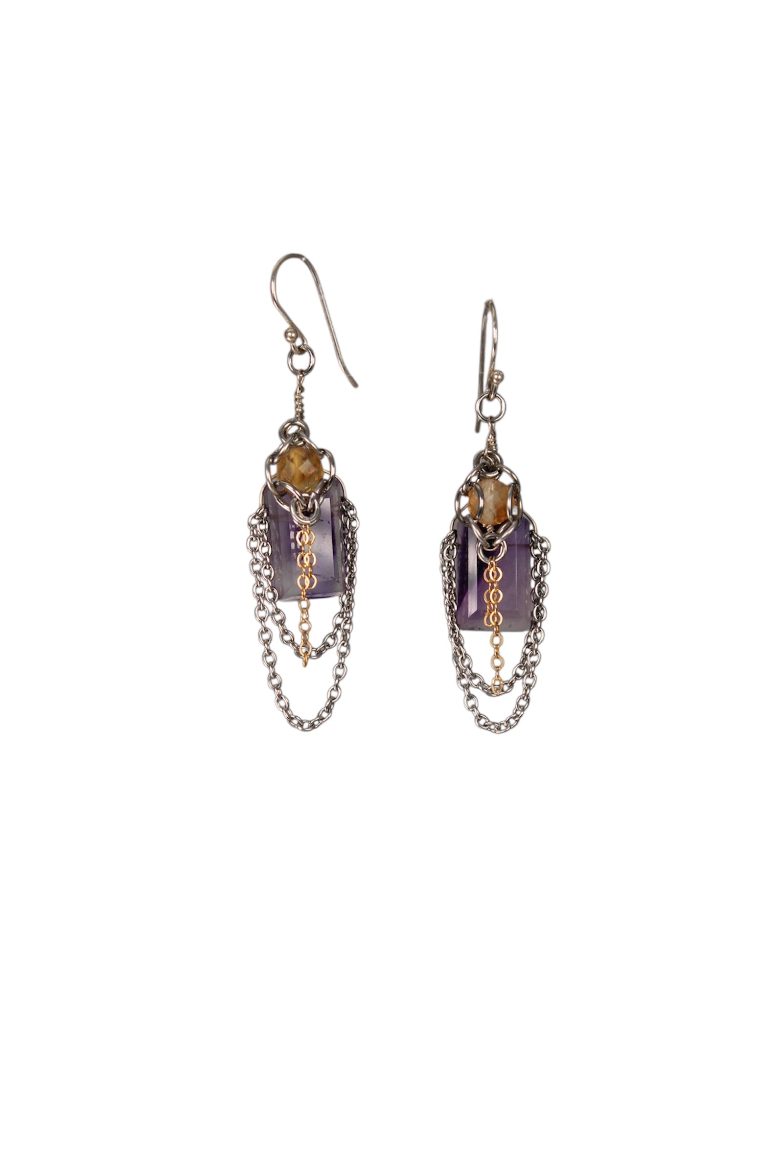 Amethyst Rectangle & Suspended Citrine Earrings
