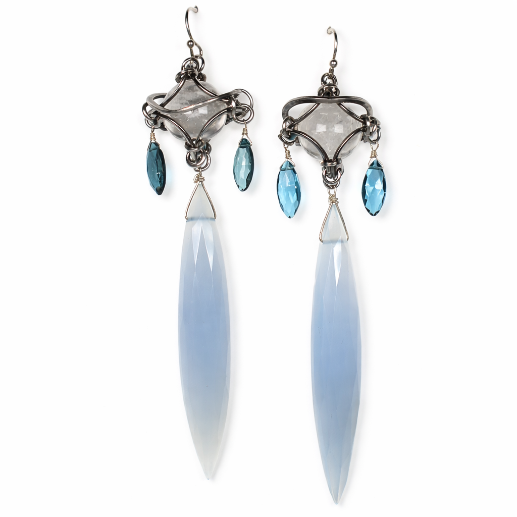 Blue Chalcedony Elongated Drops with Rock Crystal Orbs & London Blue Topaz Earrings